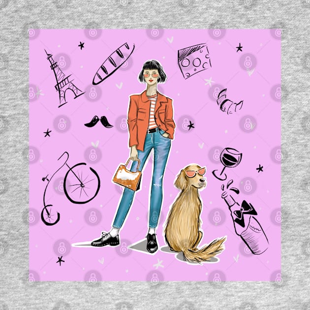 My Dog and Me in Chic Orange Glasses (Paris Background) by Ji Illustrator